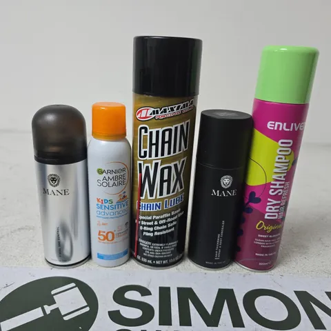 APPROXIMATELY 15 ASSORTED AEROSOLS TO INCLUDE MANE , CHAIN WAX AND DRY SHAMPOO