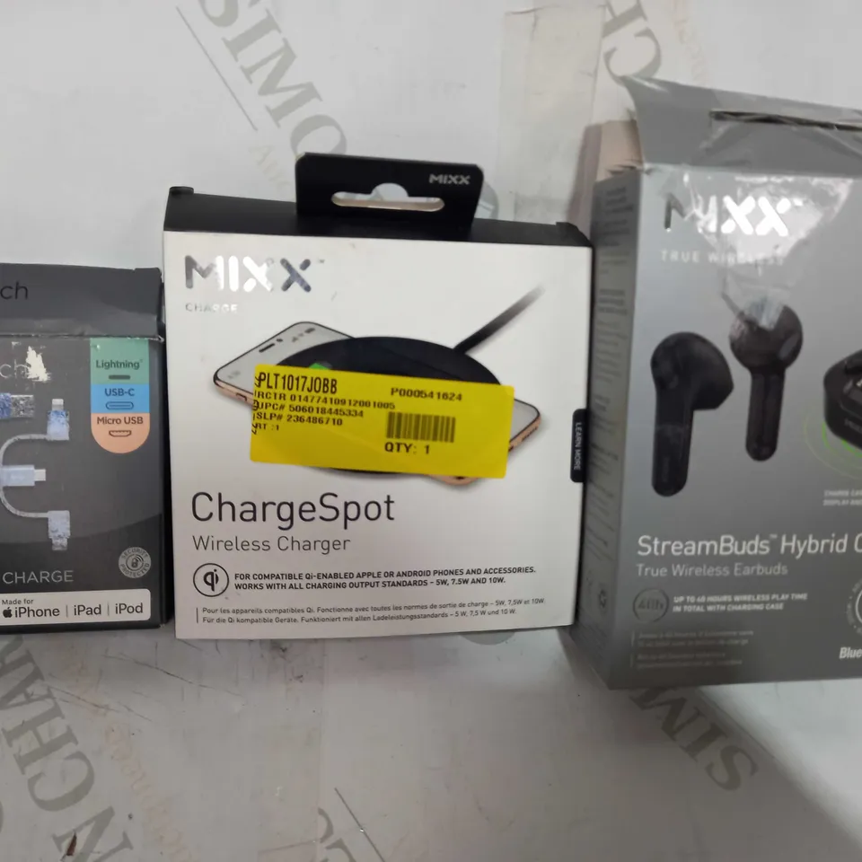 LOT OF APPROXIMATELY 5 ASSORTED HOUSEHOLD ITEMS TO INCLUDE ASDA TECH SYNC AND CHARGE CABLE, MIXX CHARGESPOT WIRELESS CHARGER, MIXX STREAMBUDS HYBRID CHARGE TRUE WIRELESS EARBUDS, ETC