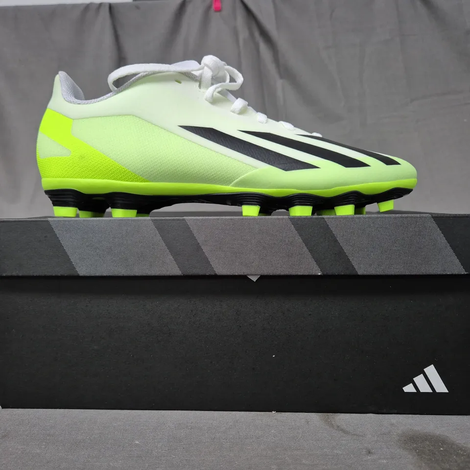 BOXED PAIR OF ADIDAS X CRAZYFAST.4 FOOTBALL BOOTS IN LIME/WHITE/BLACK UK SIZE 6.5