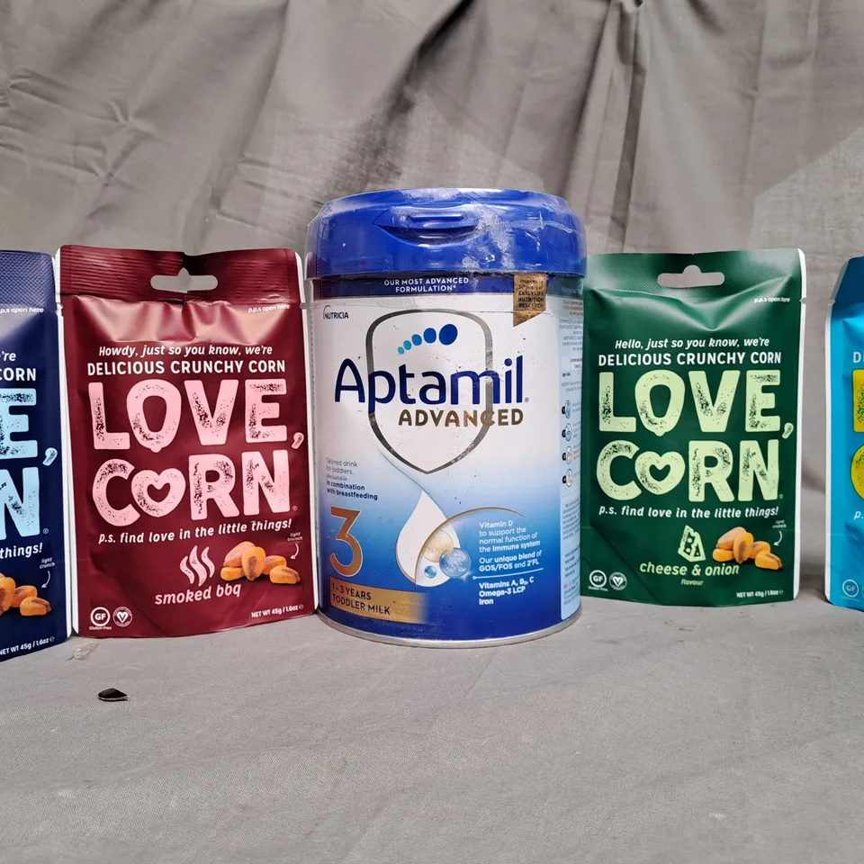 TOTE OF APPROX 5 ASSORTED FOOD ITEMS TO INCLUDE - LOVE CORN , APTAMIL ADVANCED 