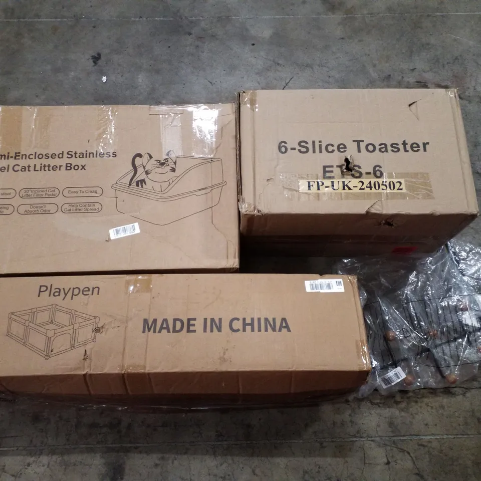 PALLET CONTAINING ASSORTED PRODUCTS INCLUDING 6-SLICE TOASTER, PLAYPEN, STEEL CAT LITTER BOX, COAT RACK, TOILET SEAT