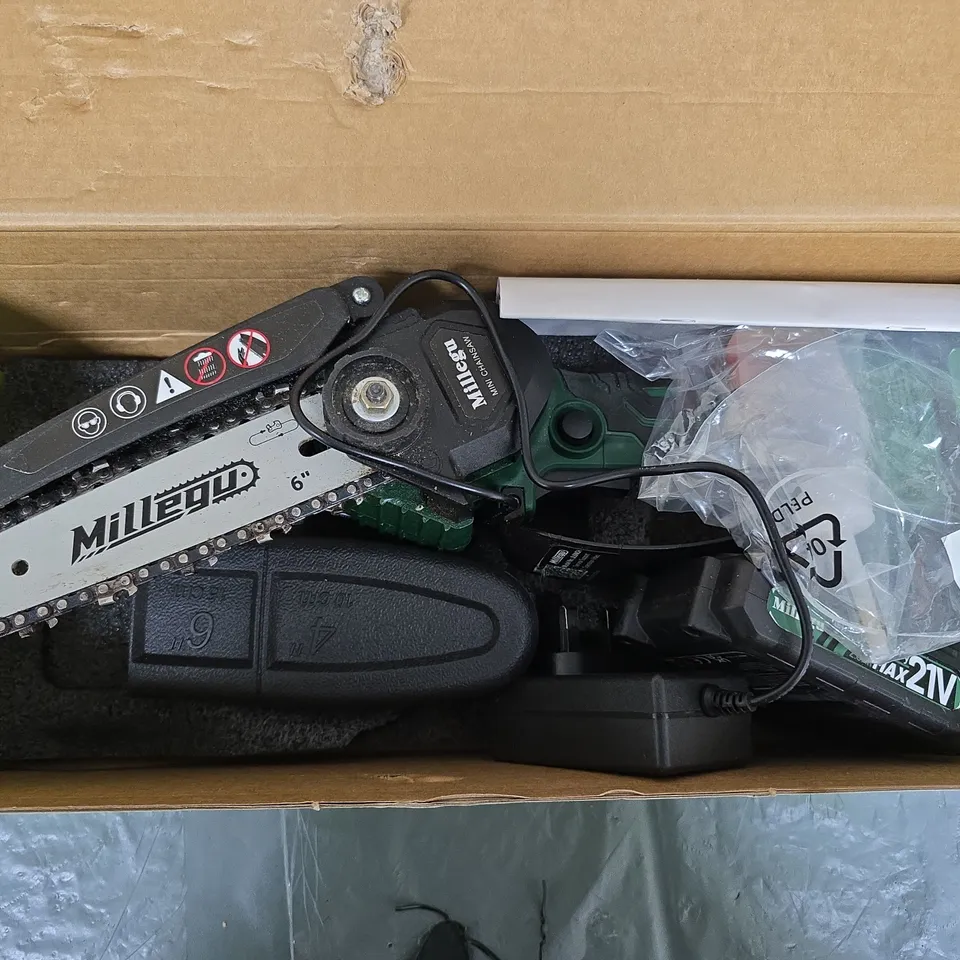 MILLEGU BRUSHLESS MINI CHAINSAW – 6-INCH, CORDLESS (BOXED)