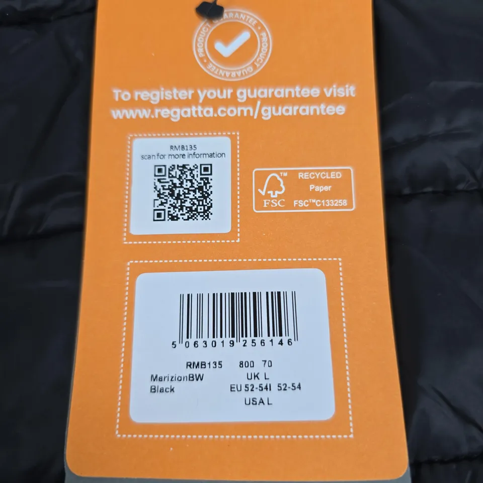 REGATTA GREAT OUTDOORS BLACK PUFFER VEST – SHOWERPROOF, UK L (EU 52-54, USA L)