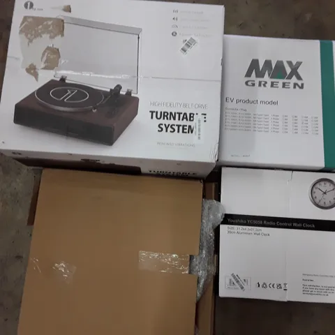 PALLET TO CONTAIN AN ASSORTMENT OF HOUSEHOLD ITEMS TO INCLUDE WALL CLOCKS VINYL PLAYER, EV CHARGERS AND VINYL FLOOR CUTTER ECT