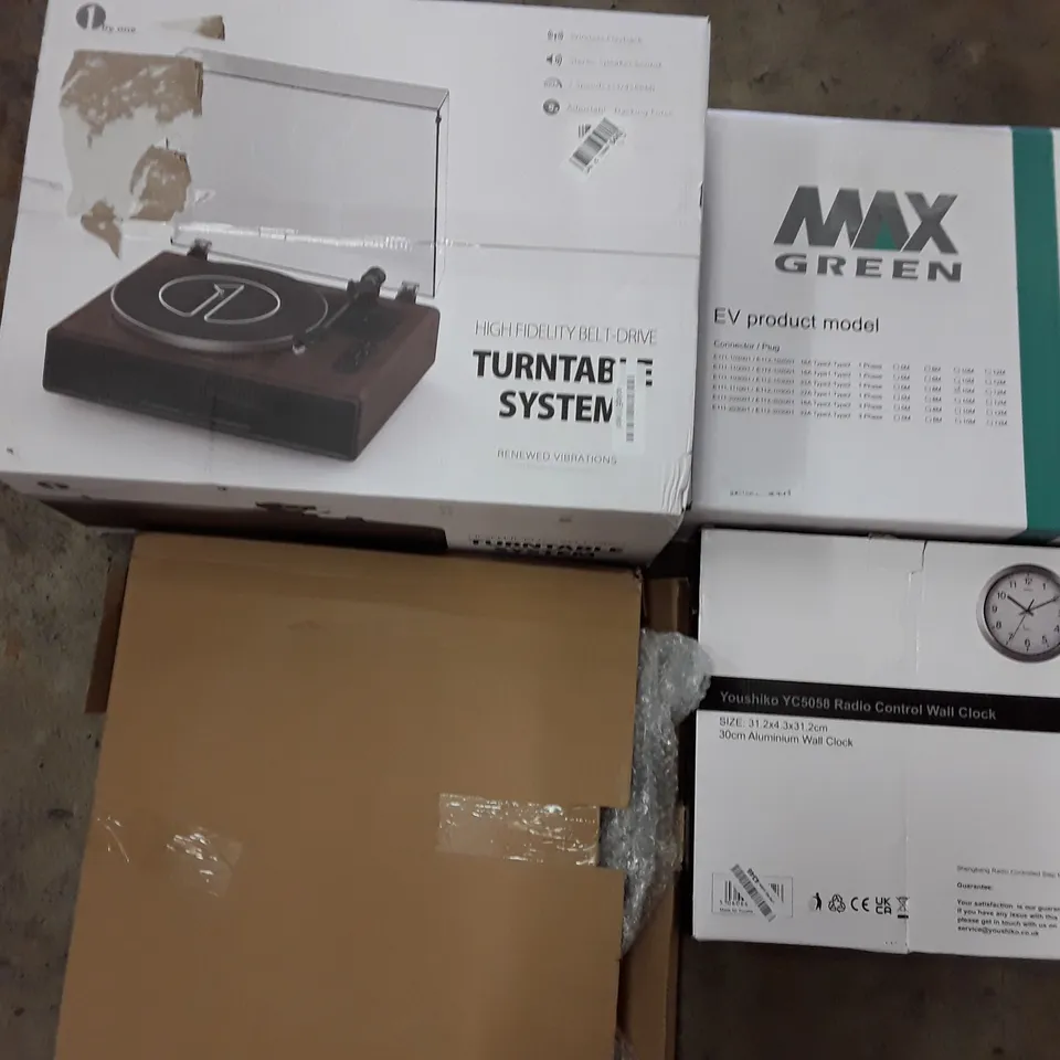 PALLET TO CONTAIN AN ASSORTMENT OF HOUSEHOLD ITEMS TO INCLUDE WALL CLOCKS VINYL PLAYER, EV CHARGERS AND VINYL FLOOR CUTTER ECT
