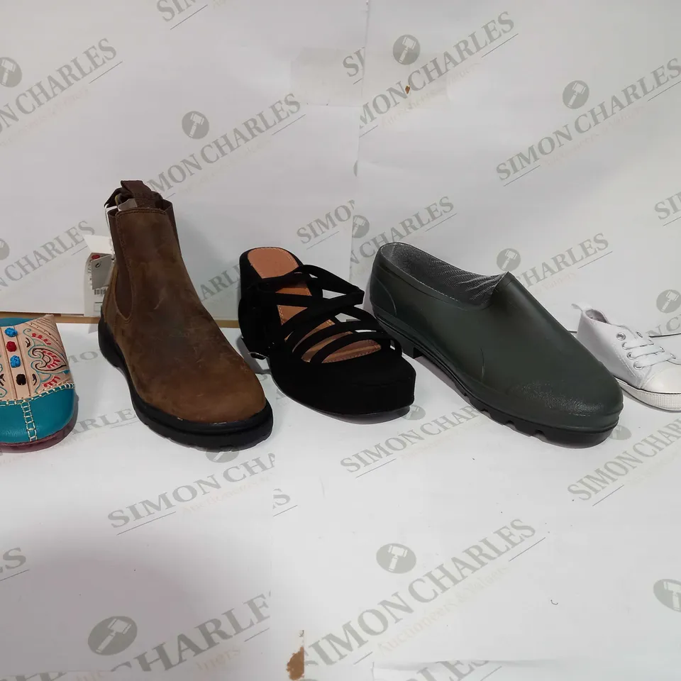 BOX OF APPROX 5 ASSORTED ITEMS TO INCLUDE - EAC BOOTS IN BROWN - ASOS HEELS - DUNLOP WATERPROOFS ECT