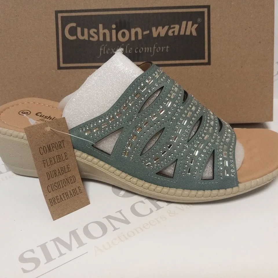 BOXED PAIR OF CUSHION WALK DIAMANTE MULES IN BLUE - SIZE 5