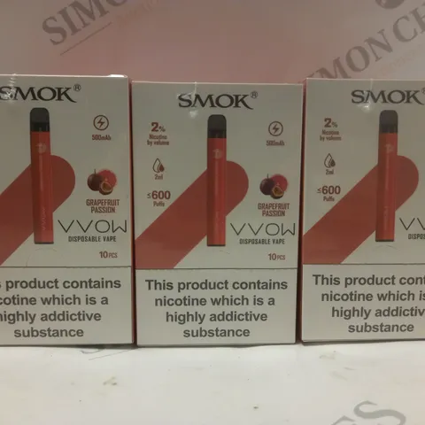 BOX OF APPROX 30 SMOK 2% VVOW GRAPEFRUIT PASSION DISPOSABLE VAPES 