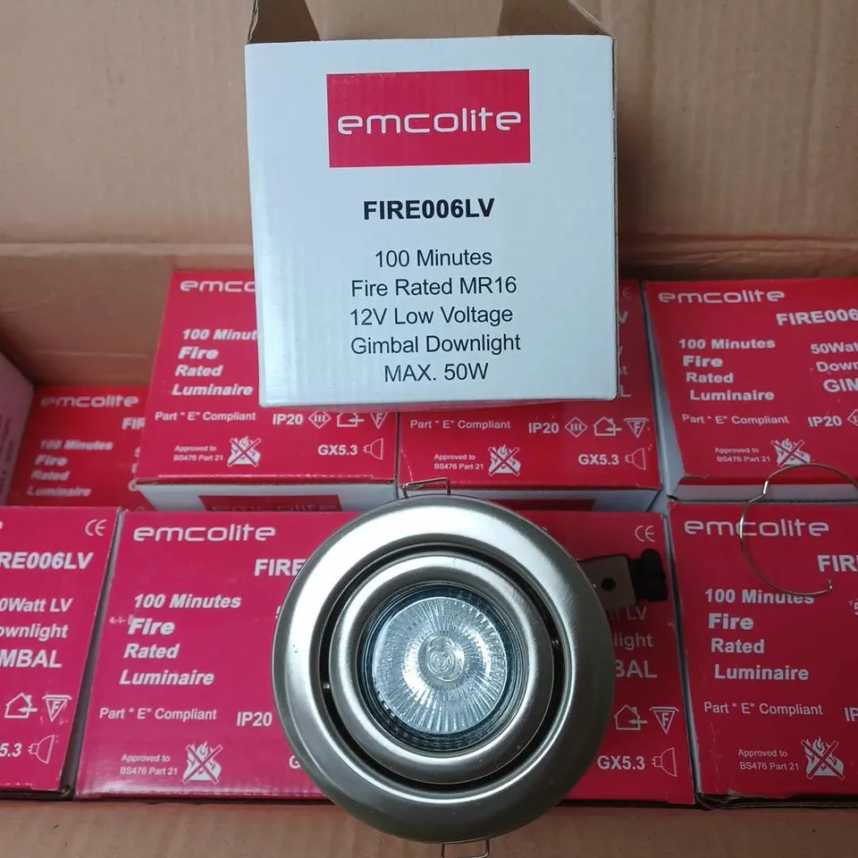 LOT CONTAINING 220 EMCOLITE FIRE006LV 100 MINUTES FIRE RATED MR16 12V LOW VOLTAGE GIMBAL DOWNLIGHTS
