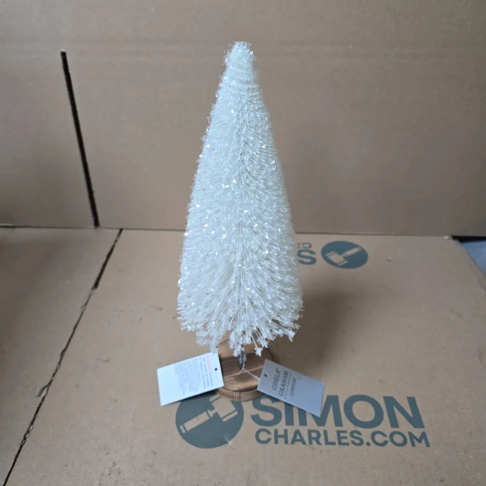 BOX OF APPROXIMATELY 6 GISELA GRAHAM LONDON WHITE BOTTLEBRUSH CHRISTMAS TREE, ON A WOODEN BASE