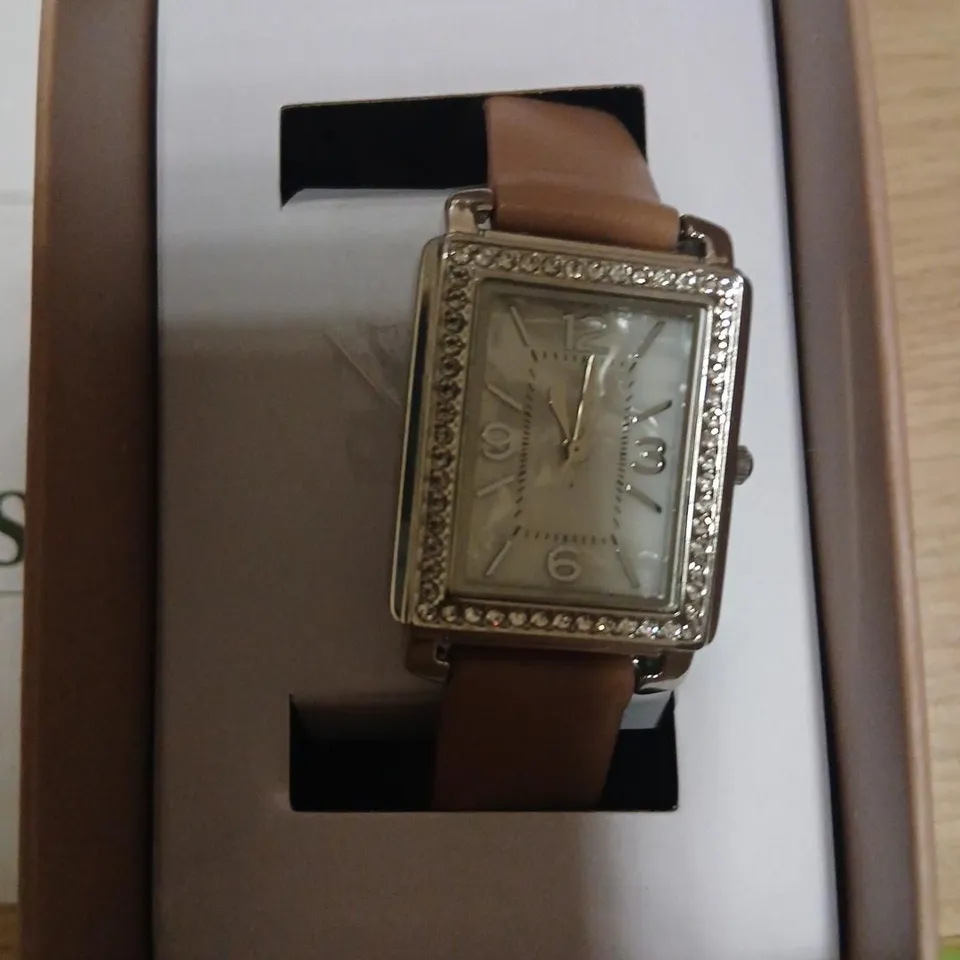 LADIES' RECTANGULAR WRISTWATCH WITH RHINESTONE BEZEL AND BROWN LEATHER STRAP
