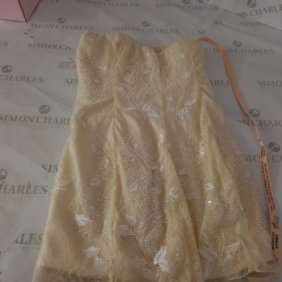 BOXED OH POLLY STRAPLESS ZIP UP DRESS WITH SEQUIN DECOR IN IVORY - SIZE 