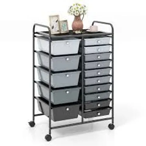 BOXED COSTWAY 15 DRAWER ROLLING STORAGE CART TOOLS SCRAPBOOK PAPER ORGANIZER LIGHTWEIGHT - GREY 