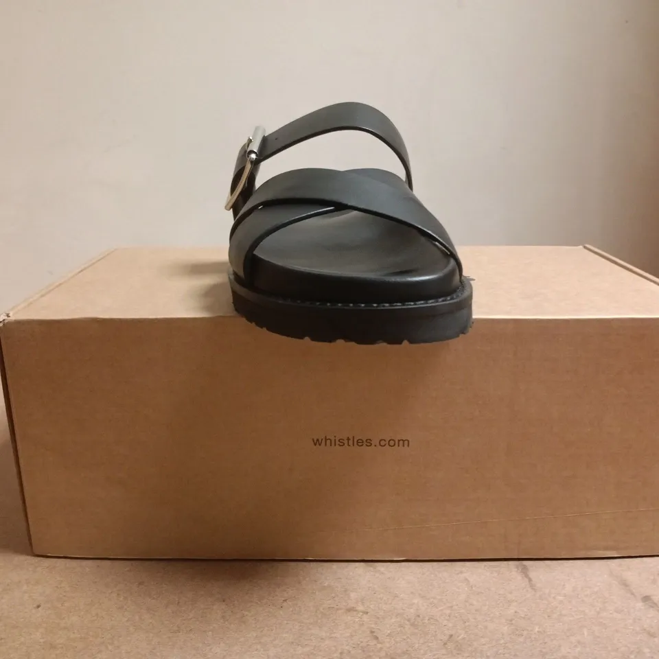 BOXED PAIR OF WHISTLES OPEN TOE SANDALS IN BLACK SIZE EU 39