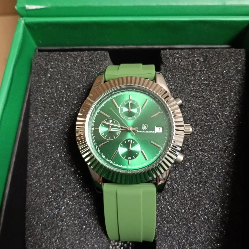 MENS SWARTZBAUER WATCH – MULTI FUNCTION QUARTZ MOVEMENT – FLUTED BEZEL – RUBBER STRAP – 3ATM WATER RESISTANT – GIFT BOX