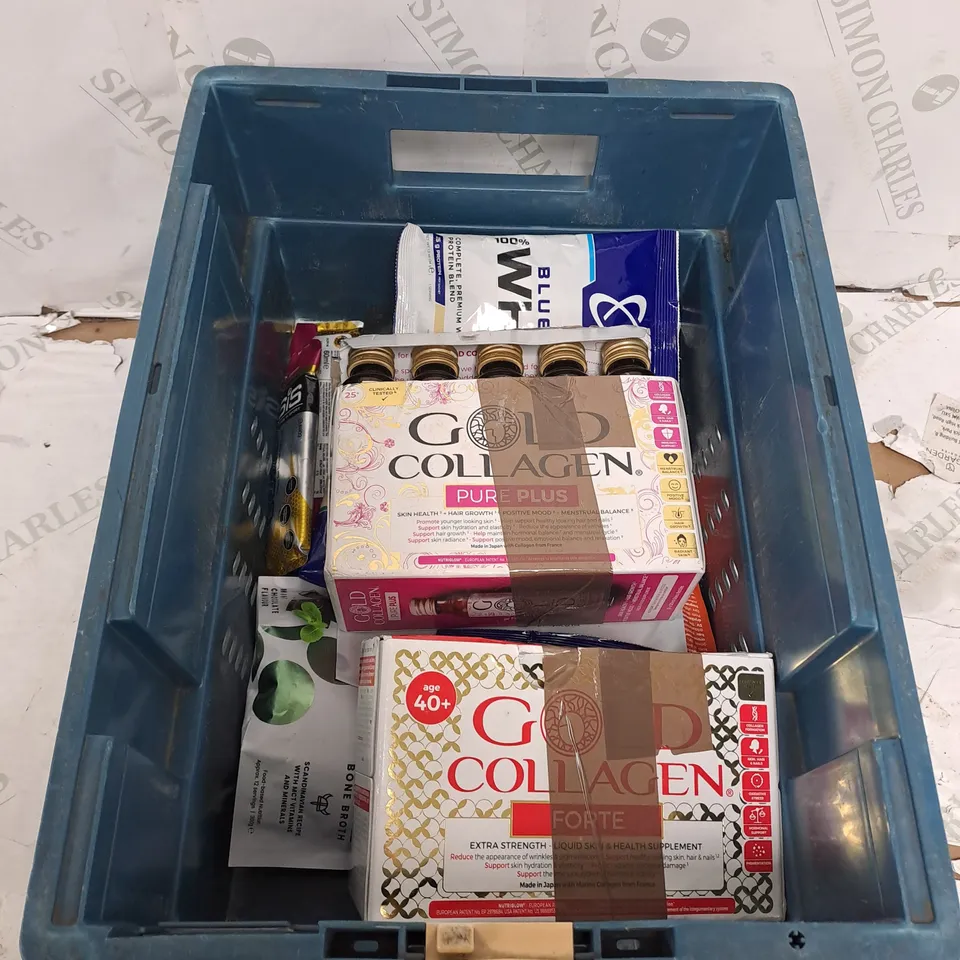 TOTE NO ASSORTED FOOD AND DRINK TOO INCLUDE WHEY PROTEIN , COLLAGEN N , ENERGY POUCH 