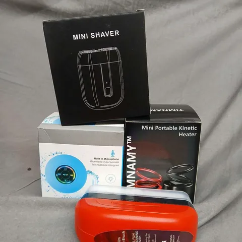 BOX OF ASSORTED ITEMS TO INCLUDE - MINI SHAVER - TIMNAMY - SPEAKER 