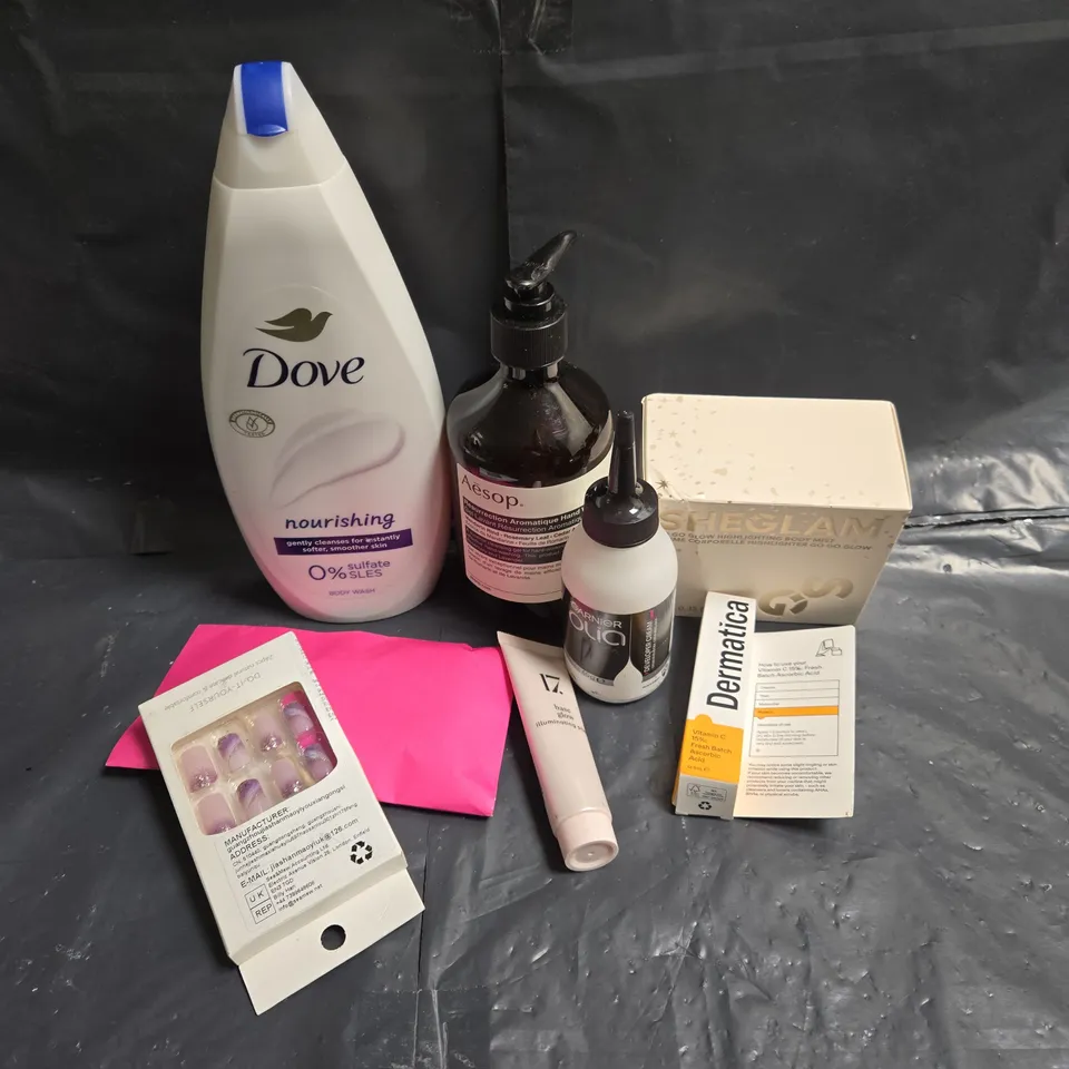 APPROXIMATEY 20 ASSORTED HEALTH AND BEAUTY PRODUCTS TO INCLUDE - DERMATICA VITAMIN C ASCORBIC ACID - SHEGLAM HIGHLIGHTER - AESOP HANDWASH - ETC