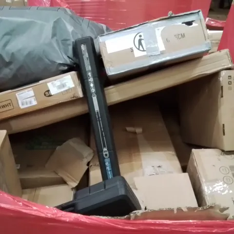 PALLET CONTAINING VARIOUS ASSORTED BOXED HOUSEHOLD ITEMS TO INCLUDE: TV MONITOR STANDS, WRENCHES, HEAT PRESS MACHINE, POOL, AND LOTS MORE UNMARKED BOXED ITEMS