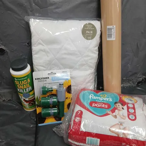 APROXIMATELY 20 ASSORTED HOUSEHOLD ITEMS TO INCLUDE PAMPERS NAPPY PANTS, BROWN KRAFT PAPER, QUILTED PILLOW PROTECTOR QUILTED, ETC