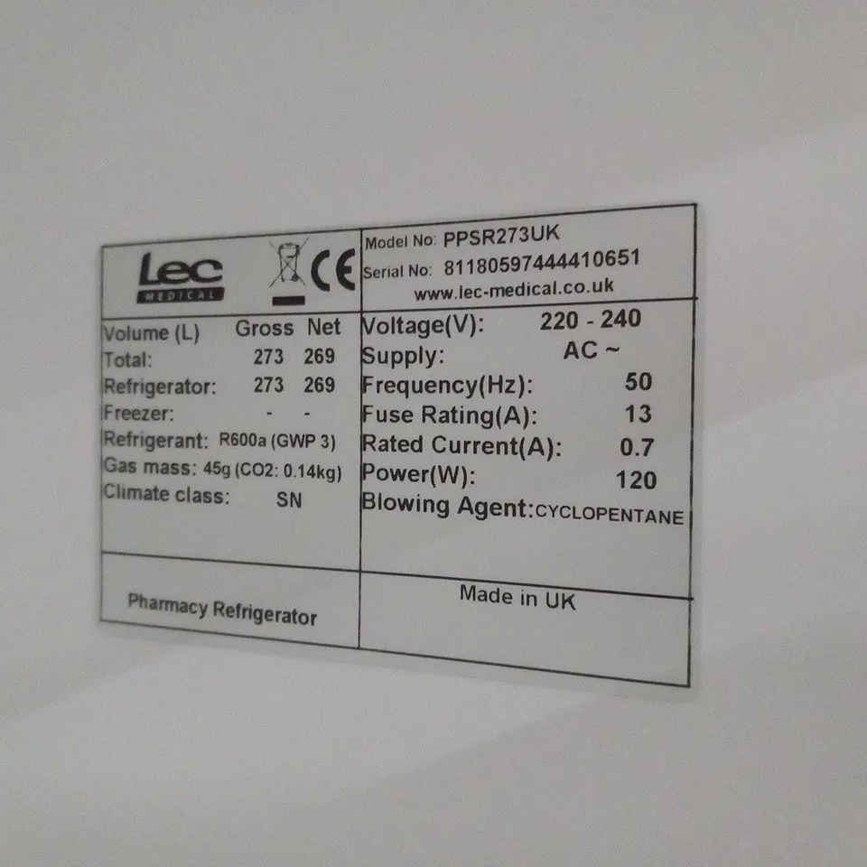 LEC PPSR273UK FREESTANDING PHARMACY CONTROL PLUS FRIDGE - SOLID DOOR 273 LITRES