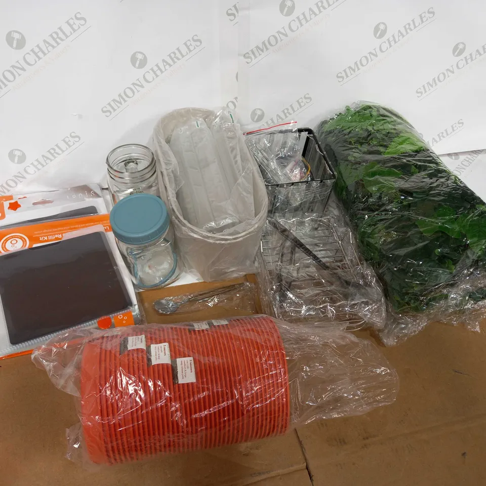 BOX OF ASSORTED HOUSEHOLD ITEMS TOO INCLUDE GLASSES AND DECORATIVE LEAVES 