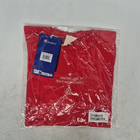BAGGED CHAMPION X PERCIVAL TRACK AND FIELD RAW HEM T-SHIRT IN RED SIZE LARGE