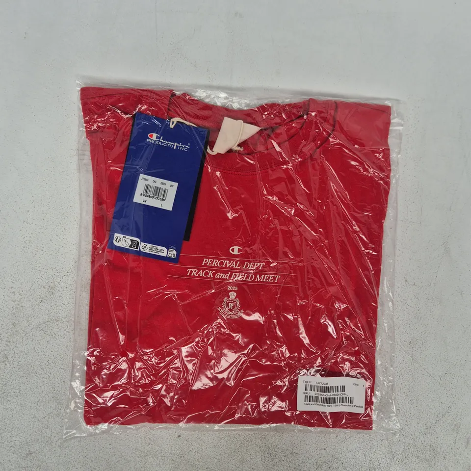 BAGGED CHAMPION X PERCIVAL TRACK AND FIELD RAW HEM T-SHIRT IN RED SIZE LARGE