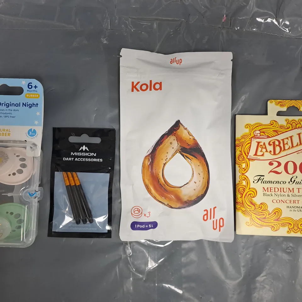 APPROXIMATELY 15 ASSORTED HOUSEHOLD ITEMS TO INCLUDE LABELLA FLAMENCO GUITAR STRINGS, AIR UP POD, DART ACCESSORIES, ETC