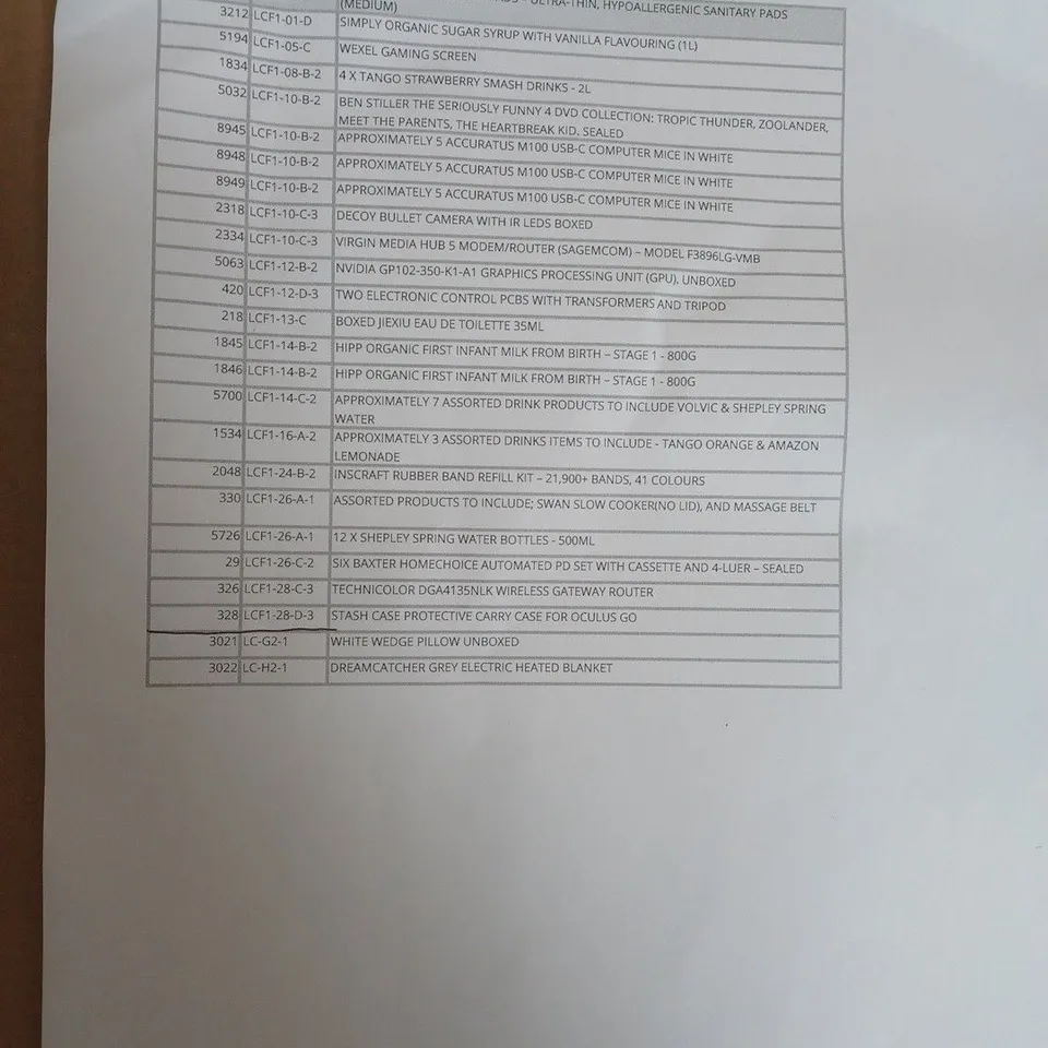 CAGE OF ASSORTED ITEAMS TO INCLUDE - VIRGIN MEDIA HUB 5 V- JUDE BAMBOO EVERYDAY PADS 