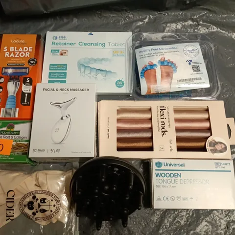 LOT OF 9 ASSORTED HEALTH AND BEAUTY ITEMS TO INCLUDE RAZOR BLADES, NECK MASSAGER AND TONGUE DEPRESSORS