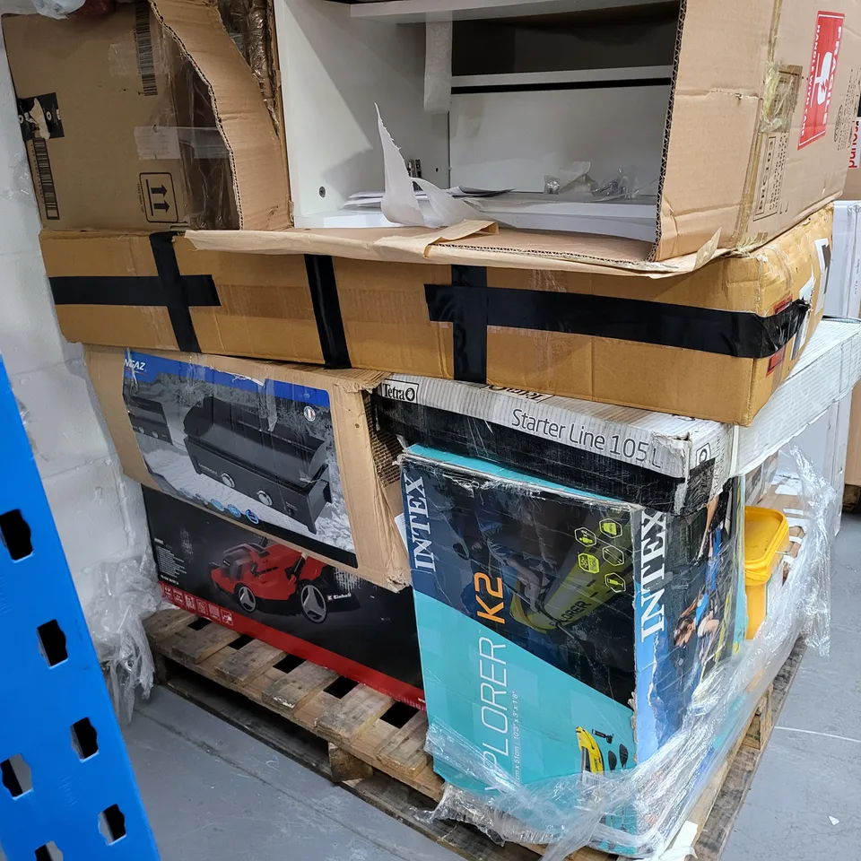 PALLET OF APPROXIMATELY 15 ASSORTED APPLIANCES, HOBBY AND LEISURE ITEMS TO INCLUDE LITTLE TIKES JUMP N' SLIDE BOUNCER, INTEX XPLORER K2 INFLATABLE KAYAK, GLOSS WHITE BATHROOM SINK CABINET, ETC