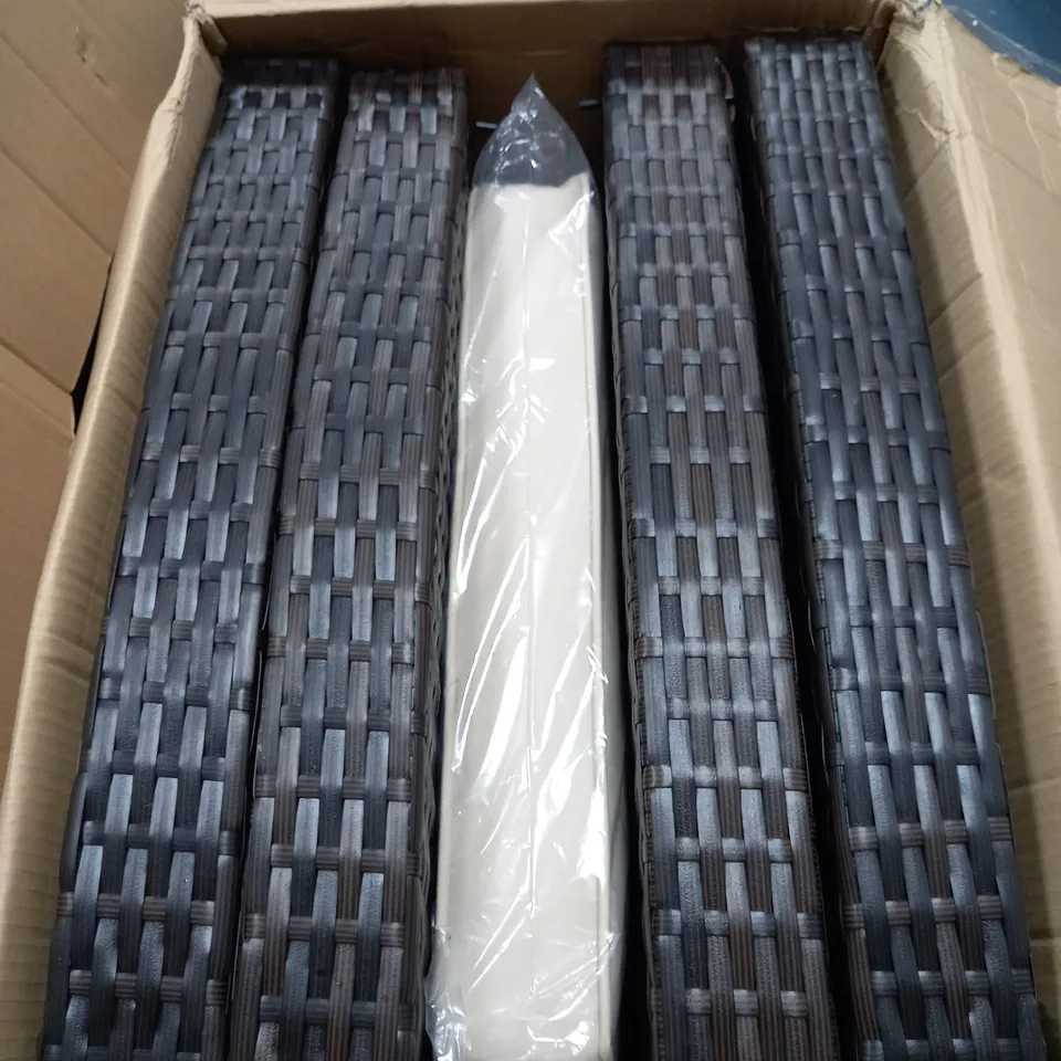 A PALLET OF RATTAN GARDEN FURNITURE PARTS IN BROWN WITH CREAM CUSHIONS - 3 BOXES - COLLECTION ONLY