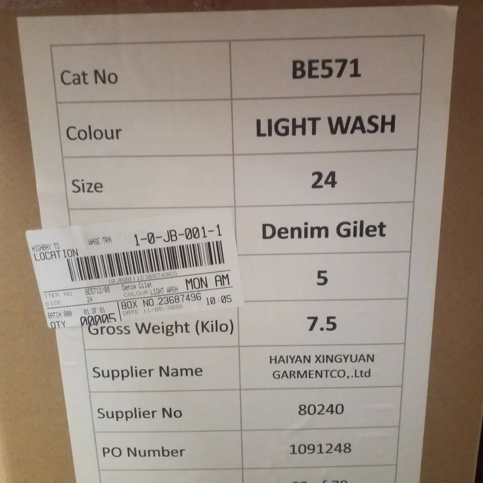 BOX CONTAINING APPROXIMATELY 5 BRAND NEW SIMPLY BE BLUE REGULAR SLEEVELESS DENIM GILETS - SIZE 24