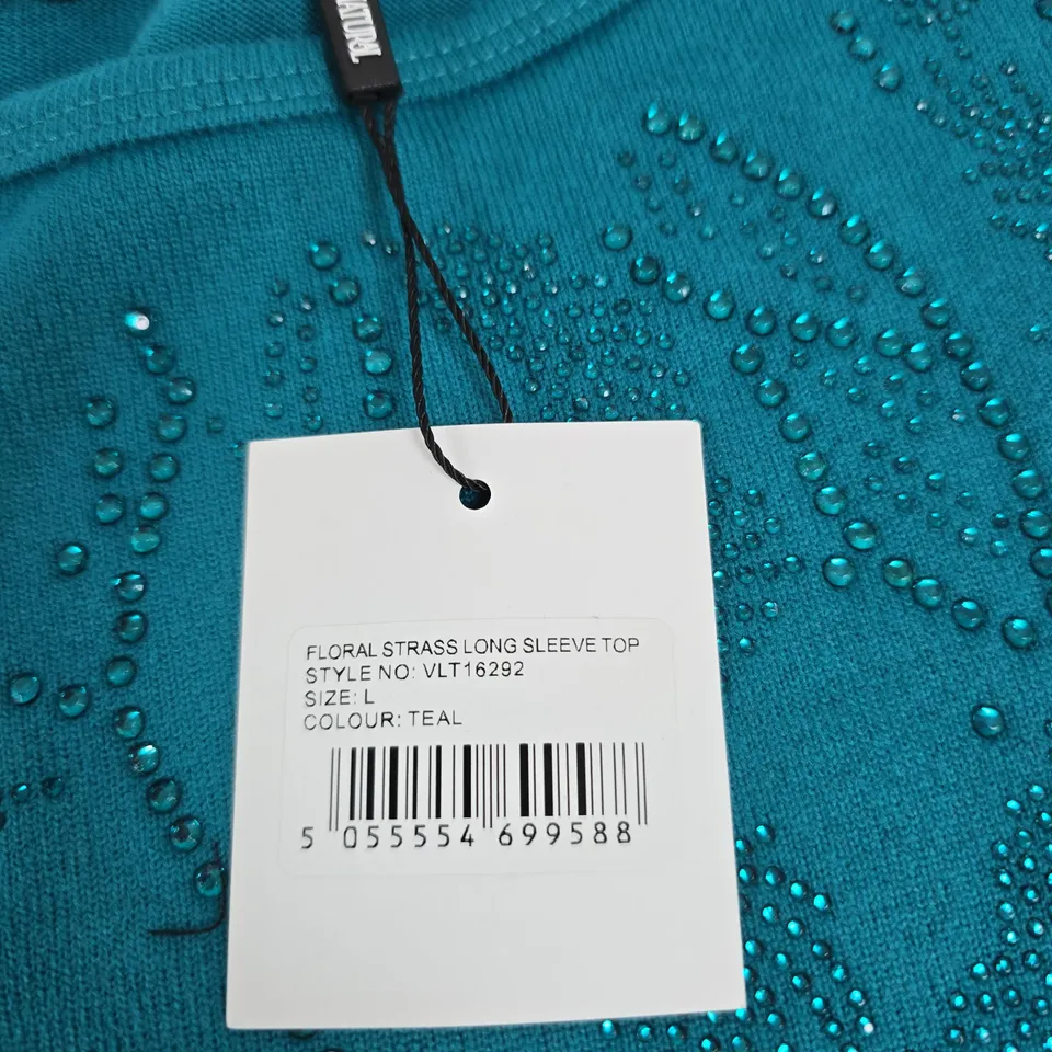 PURE & NATURAL FLORAL STRASS LONG SLEEVE TOP – TEAL, SIZE L