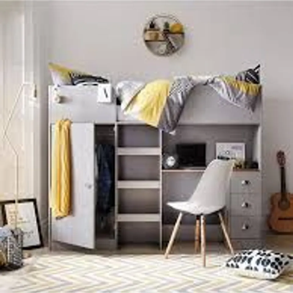 BOXED ATLANTA HIGH SLEEPER WITH DESK, DRAWERS AND WARDROBE (3 OF 3 BOXES)