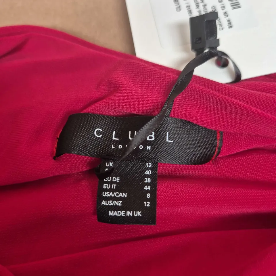 CLUB L LONDON RED CAELIA ASYMMETRIC-NECK MAXI DRESS WITH GOLD DETAILING & SASH, UK 12