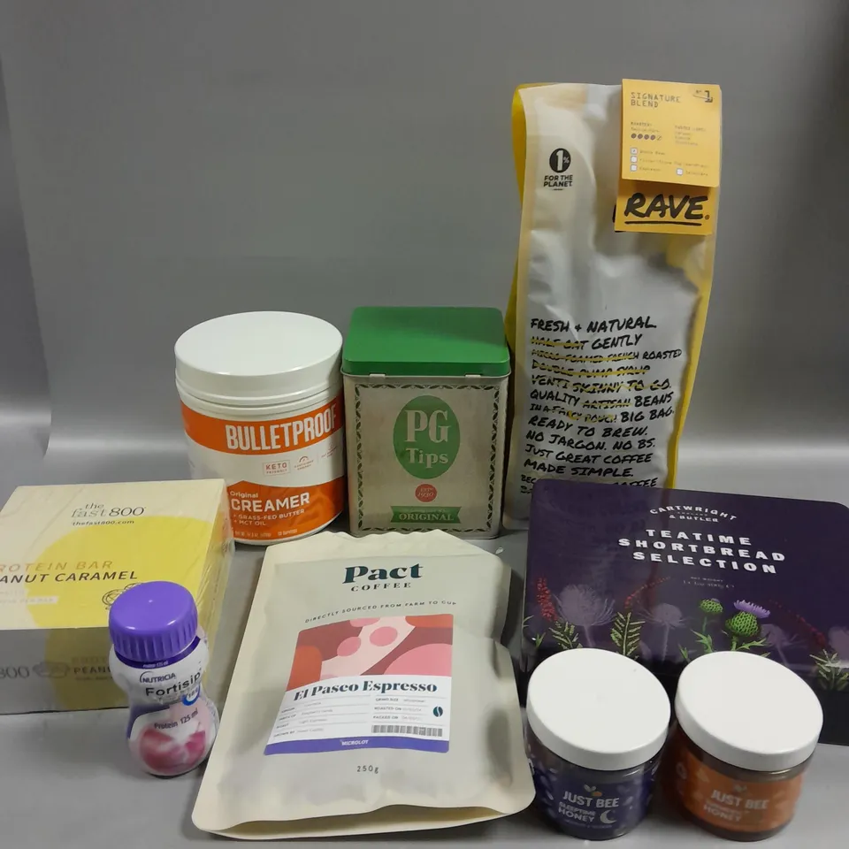 APPROXIMATELY 10 ASSORTED FOOD/DRINK PRODUCTS TO INCLUDE CARTWRIGHT TEATIME SHORTBREAD SELECTION, PACT COFFEE, JUST BEE HONEY ETC 