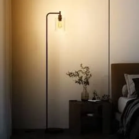 BOXED INDUSTRIAL FLOOR LAMP WITH HANGING GLASS LAMPSHADE AND FOOT SWITCH