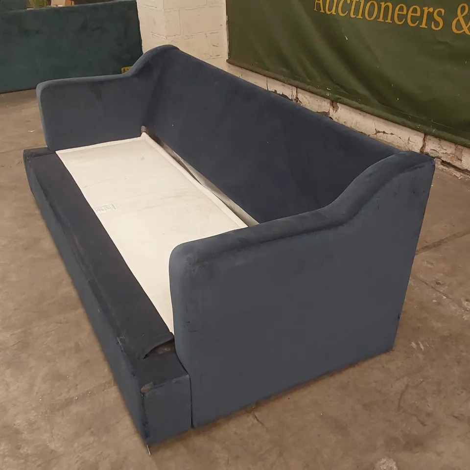 QUALITY DESIGNER SOFA BED - BLUE VELVET // CUSHIONS MISSING
