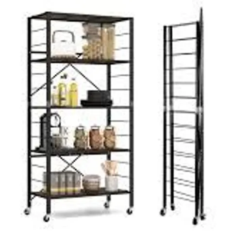 BOXED COSTWAY 5 TIER FOLDABLE STORAGE SHELF KITCHEN UNIT DETACHABLE WHEEL ANTI-TOPPLING SYSTEM