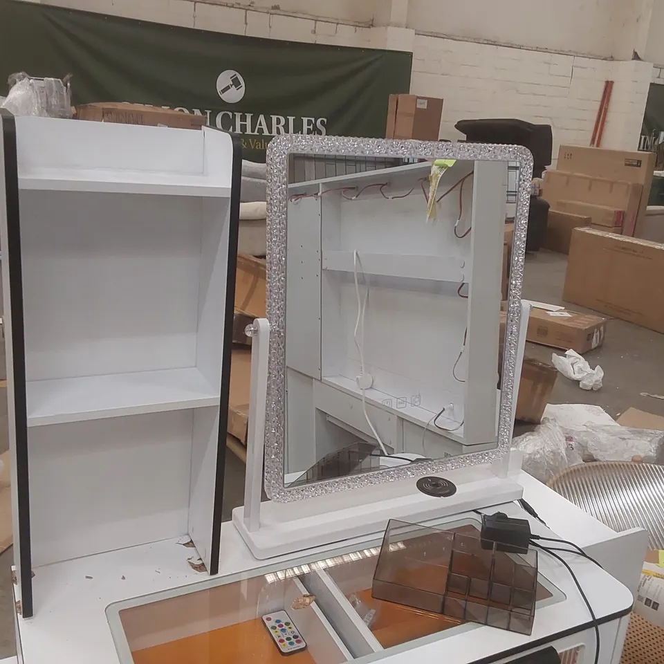 DRESSING TABLE WITH HUMAN SENSOR RGB LIGHTS, TEMPERED GLASS TOP, QUICK-CHARGING STATION AND STOOL