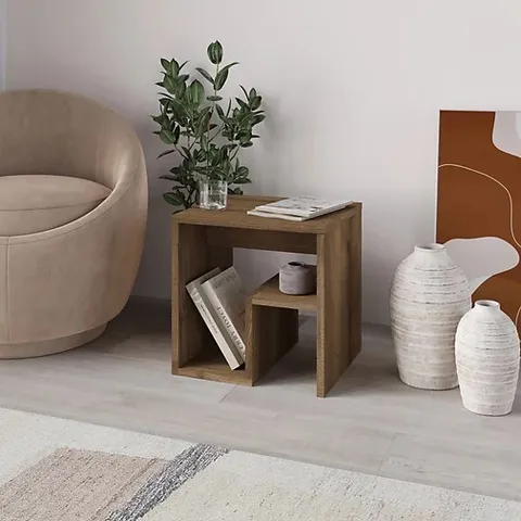 BOXED DECORTIE BON SQUARE END TABLE OPEN SHELF STORAGE, G-SHAPED COFFEE TABLE 40X40CM CHIPBOARD FOR LIVING ROOM BEDROOM