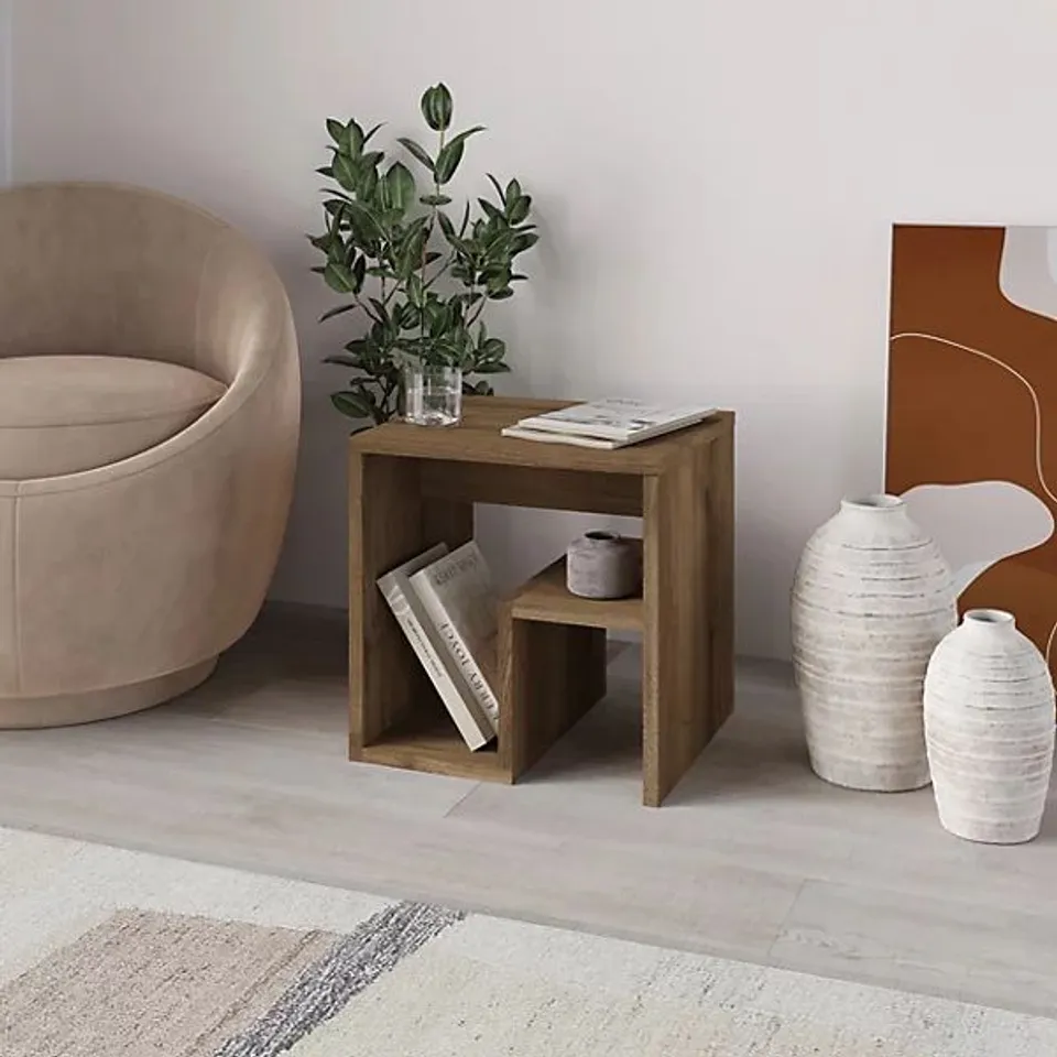 BOXED DECORTIE BON SQUARE END TABLE OPEN SHELF STORAGE, G-SHAPED COFFEE TABLE 40X40CM CHIPBOARD FOR LIVING ROOM BEDROOM