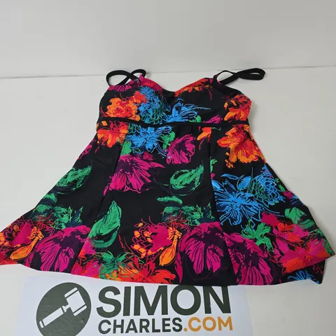 BONPRIX WOMEN'S FLORAL PRINT SWIMDRESS - BLACK WITH NEON FLOWERS, UK 16