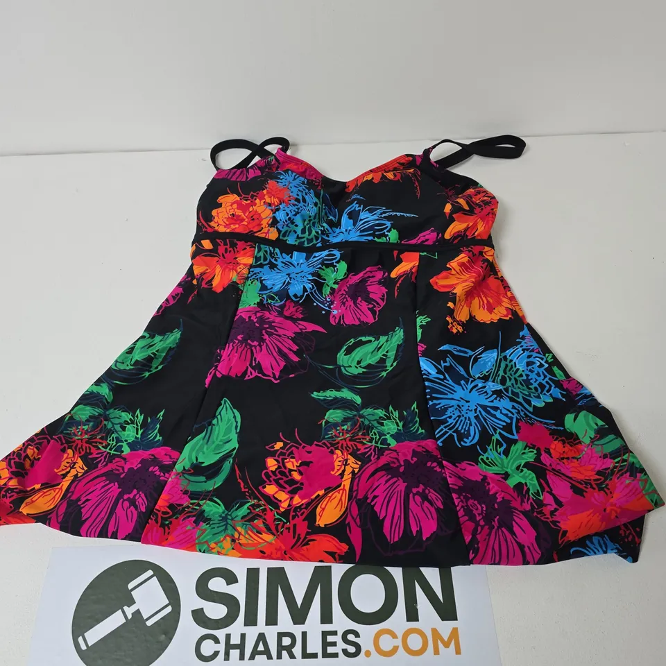 BONPRIX WOMEN'S FLORAL PRINT SWIMDRESS - BLACK WITH NEON FLOWERS, UK 16