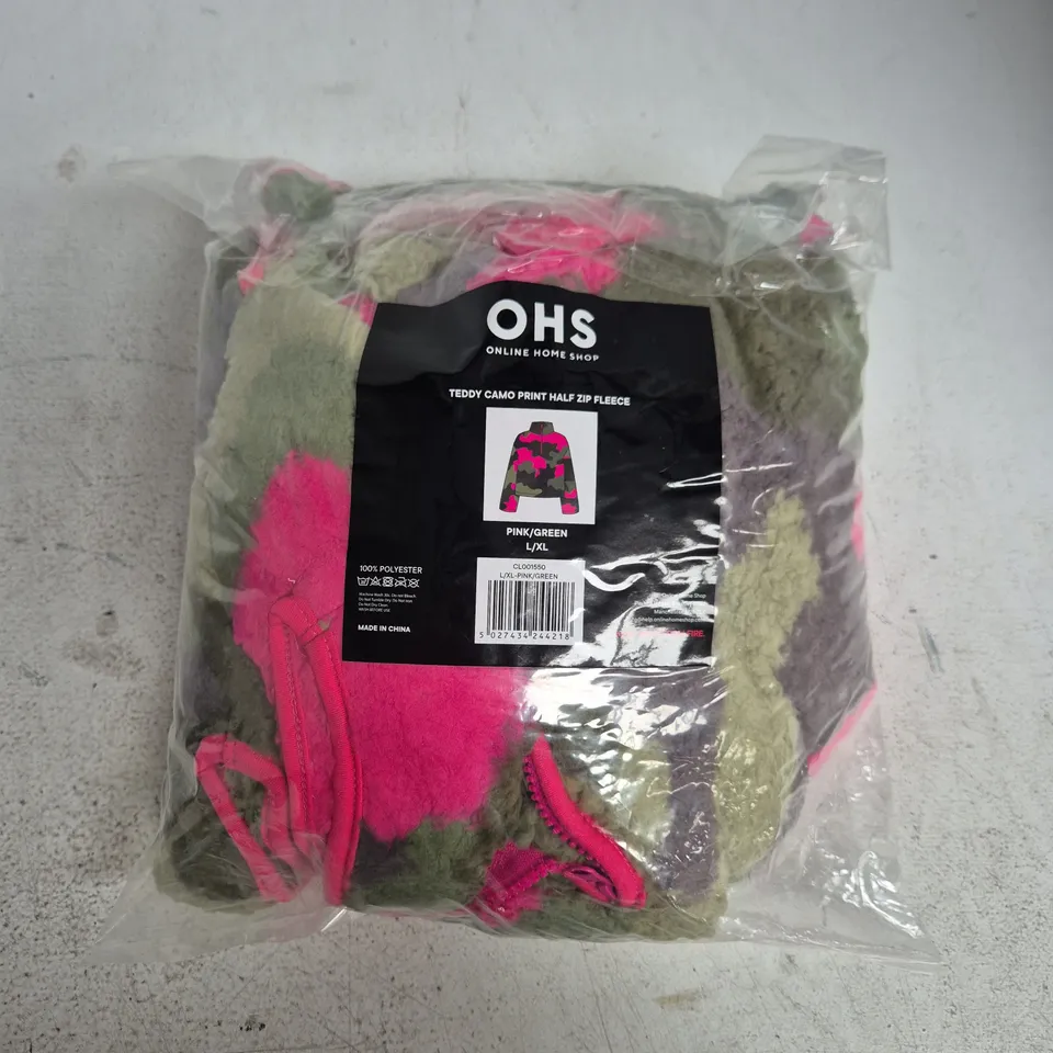 BAGGED OHS TEDDY CAMO PRINT HALF ZIP FLEECE – PINK/GREEN, UK L/XL