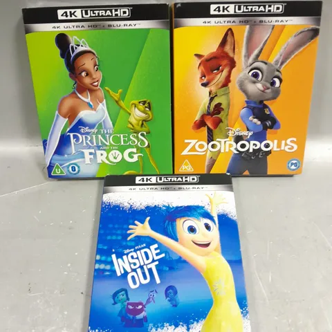 3 X ASSORTED SEALED DISNEY 4K ULTRA HD BLU-RAYS TO INCLUDE ZOOTROPOLIS, INSIDE OUT & PRINCESS AND THE FROG 