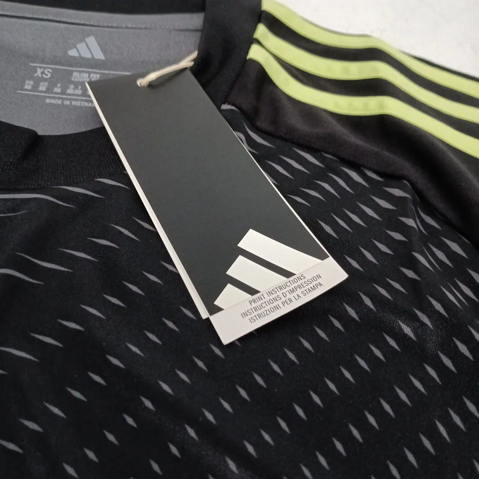 ADIDAS FOOTBALL JERSEY – BLACK WITH NEON YELLOW STRIPES, UK XS