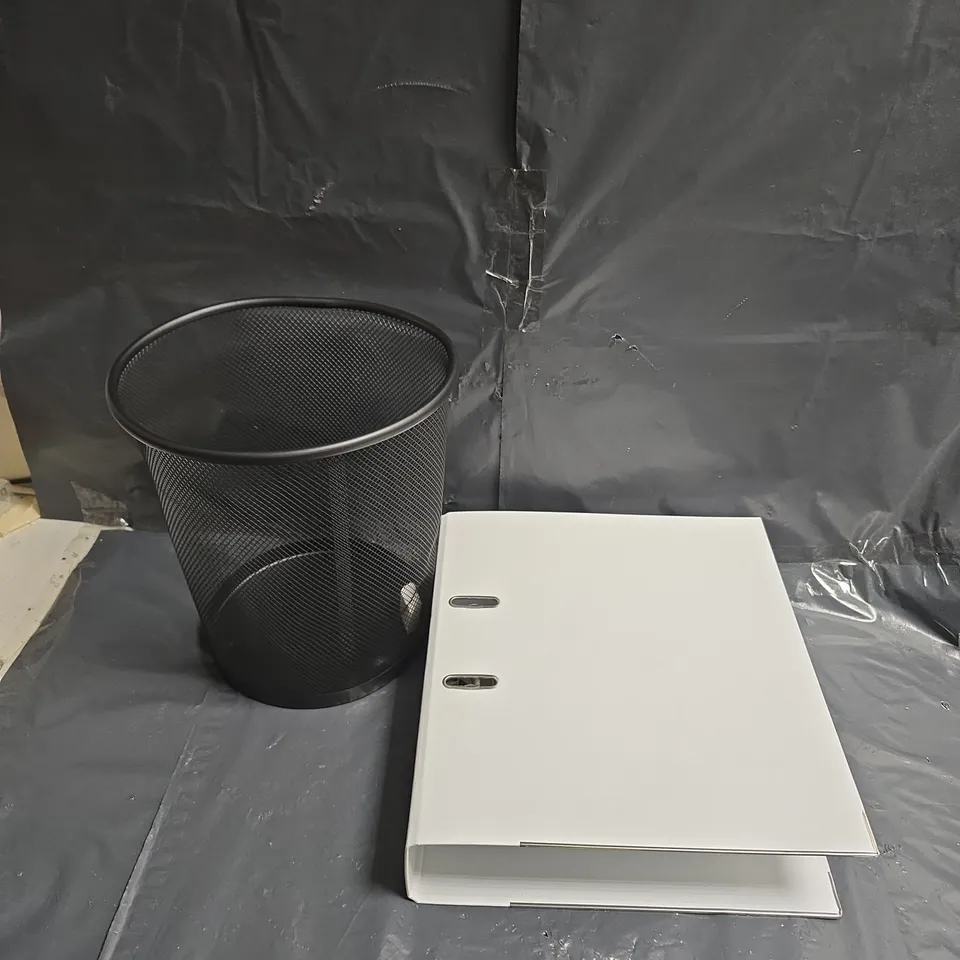 BOX OF APPROXIMATELY 5 ASSORTED HOUSEHOLD ITEMS TO INCLUDE - WASTE BASKET - BINDERS - COLOURED A1 PAPER - ETC